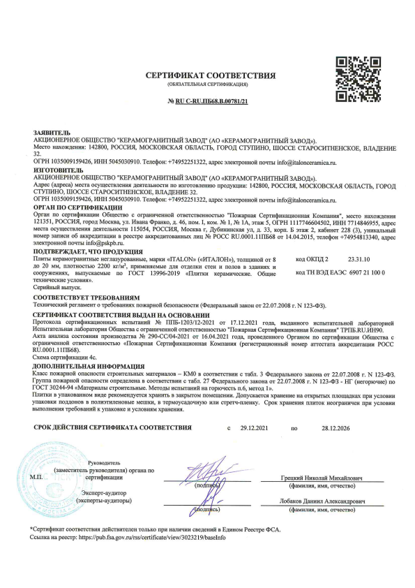 Сертификат Italon