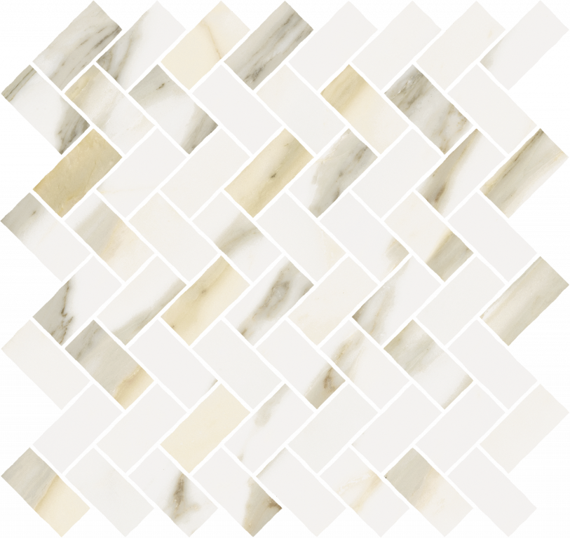 620110000212 Stellaris Calacatta Gold Mosaico Cross Nat 31.5x29.7 Italon