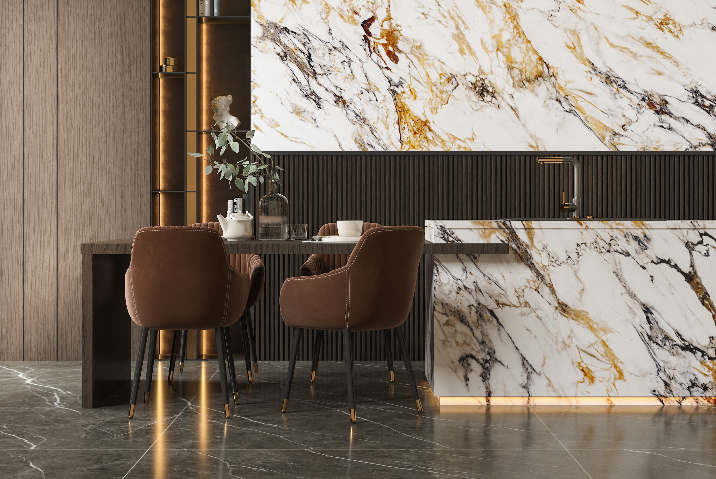 Hermes Golden Rimmed White Polished Спеченный камень 1200x2700x6 Delfone фото 5