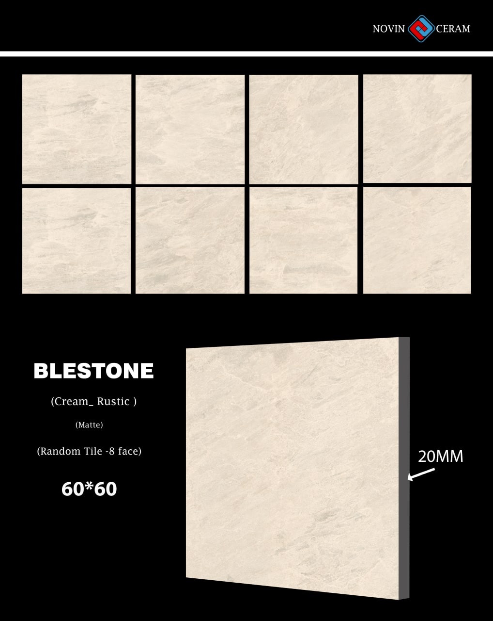 X9528M Blestone Cream Matte Rustic 20mm 60x60 Novin Ceram Yazd Tile Co