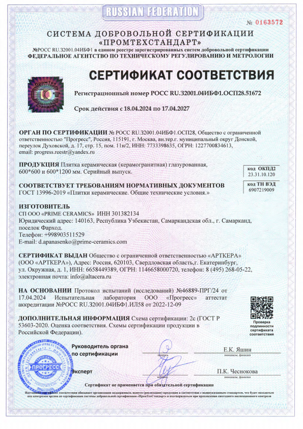 Сертификат соответствия Artkera Group 0163572