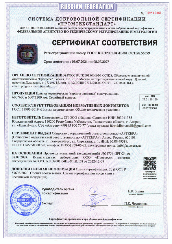 Сертификат соответствия Artkera Group 0221205